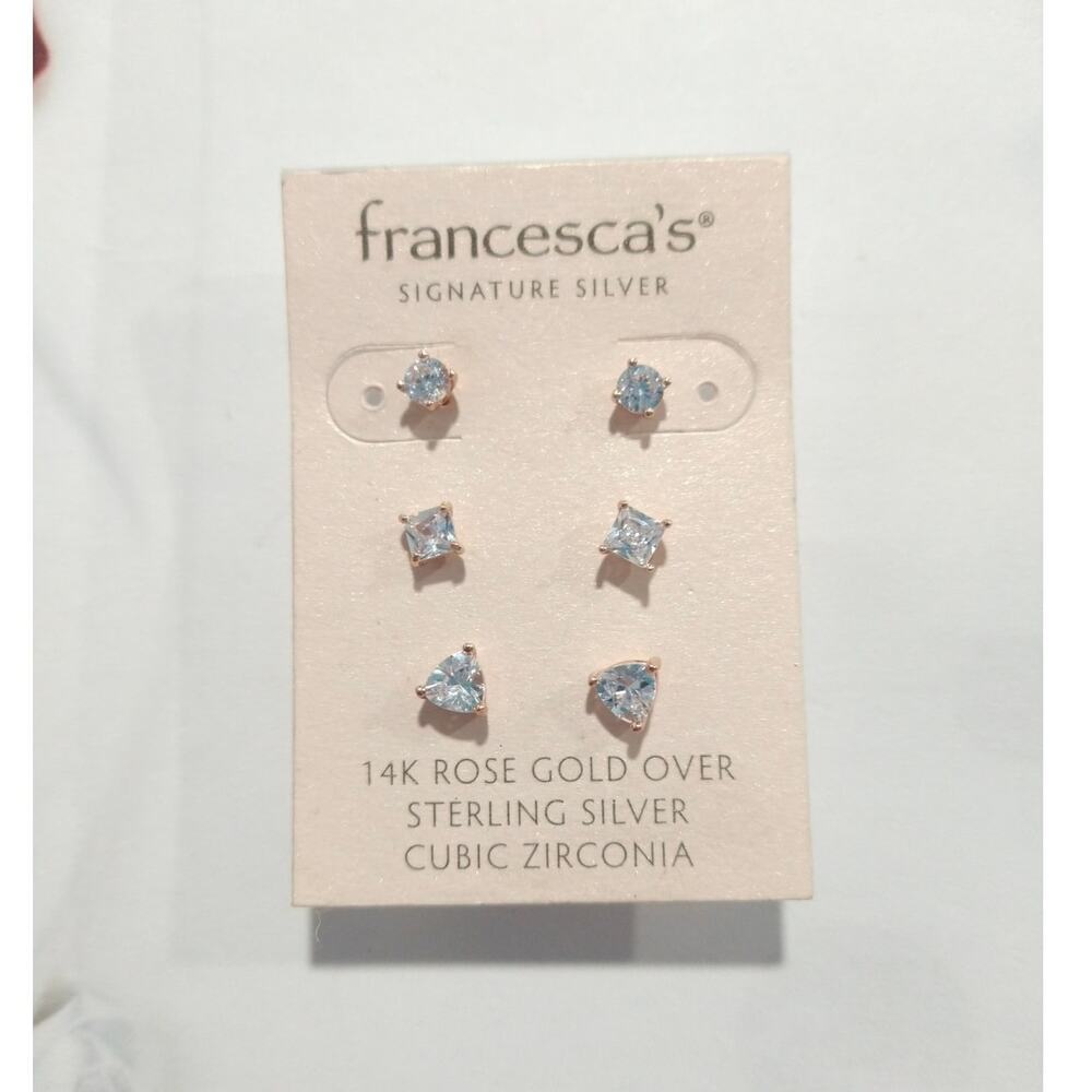 Francesca’s 14k Rose Gold Over 925 Sterling Silver Stud Earrings CZ Posts 3pcs